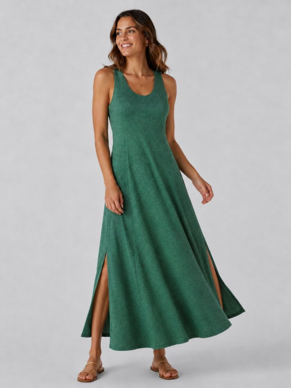 HALARA U Neck Flowy Maxi Casual Summer Tank Dress Green Side Slit XS